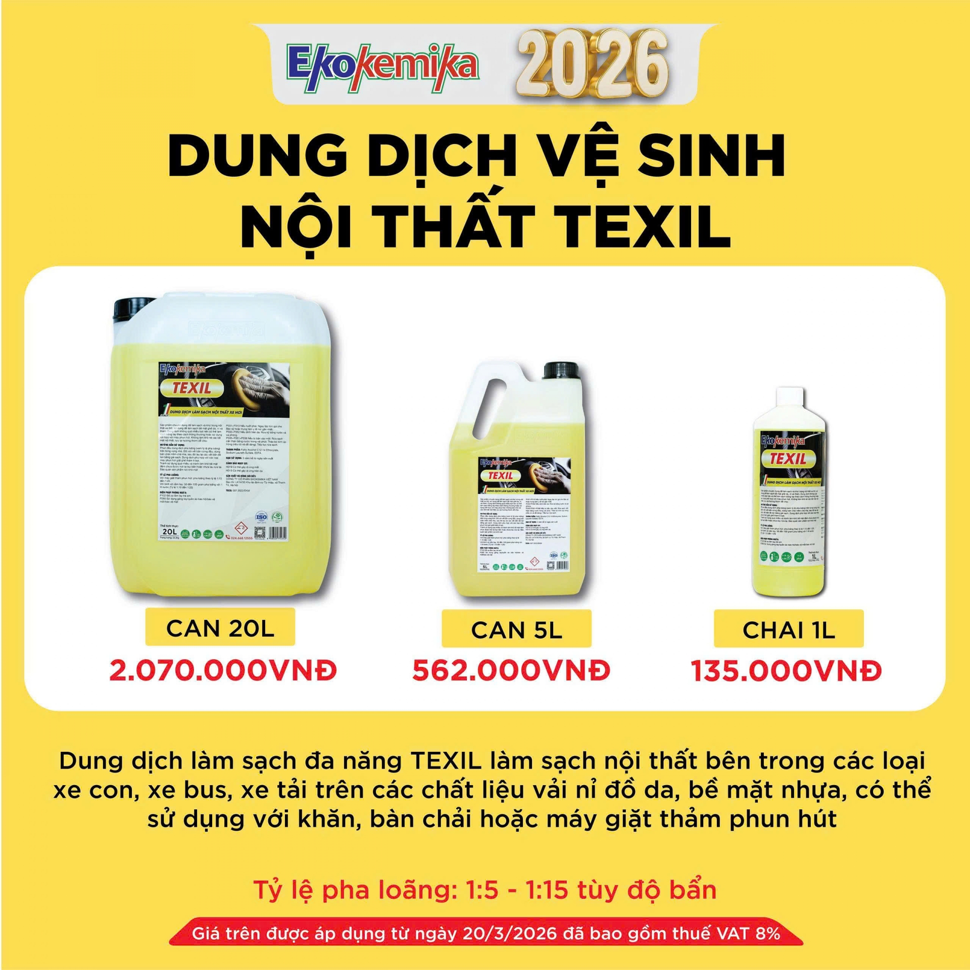 DUNG DỊCH EKOKEMIKA VỆ SINH NỘI THẤT ĐA NĂNG TEXIL